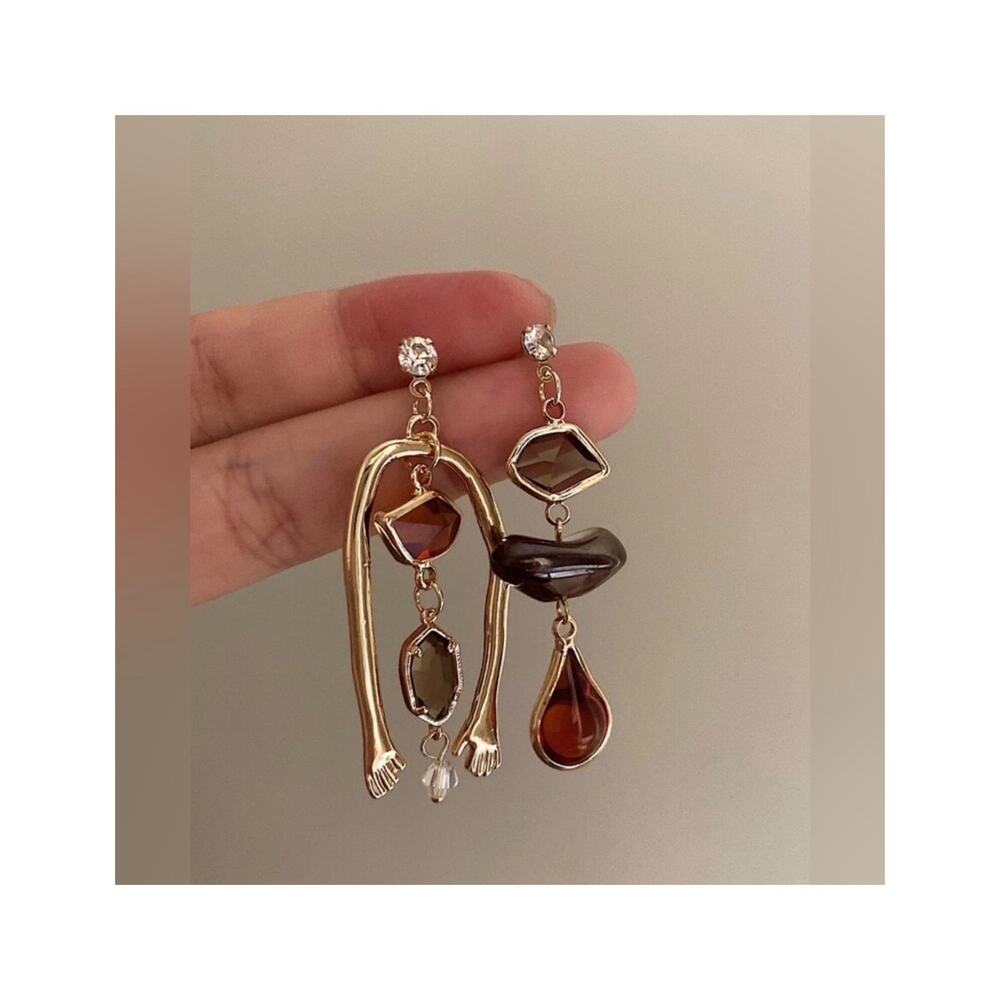 Garnet Red Geometric & Water Drop Irregular Mismatched Earrings